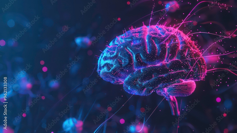 A glowing 3D digital rendering of a human brain with pink and blue lines emanating from it. A glowing 3D digital rendering of a human brain with pink and blue lines emanating from it.