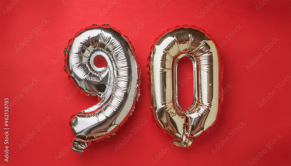 Balloon in shape of number 90. vivid red backdrop. Happy Birthday. Holiday celebration, party Balloon in shape of number 90. vivid red backdrop. Happy Birthday. Holiday celebration, party