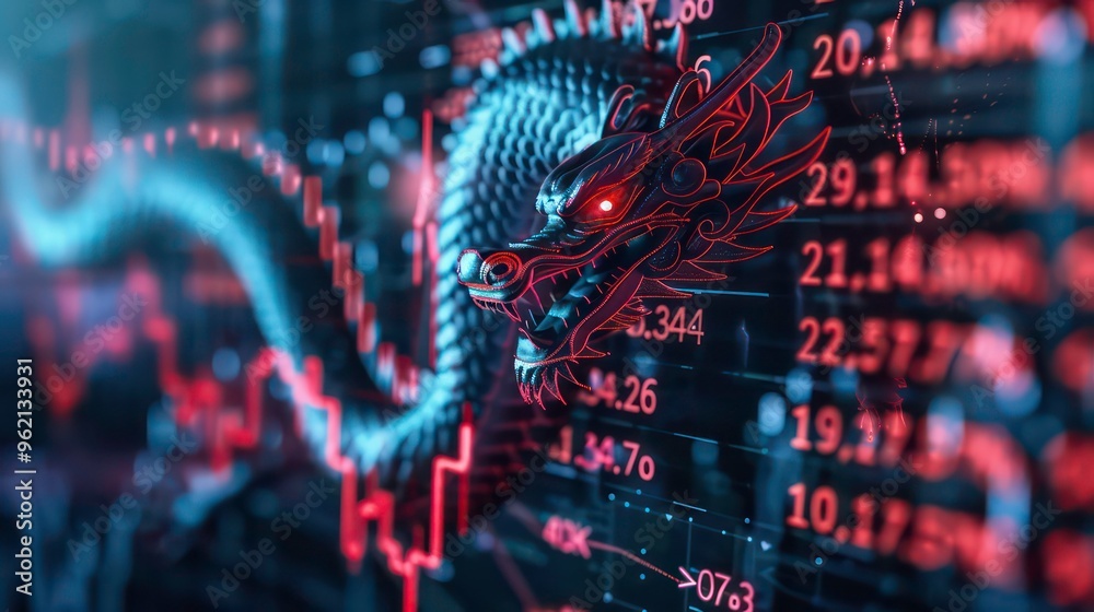 A close-up of a glowing, metallic dragon figurine in front of a blurred stock ticker screen. A close-up of a glowing, metallic dragon figurine in front of a blurred stock ticker screen.
