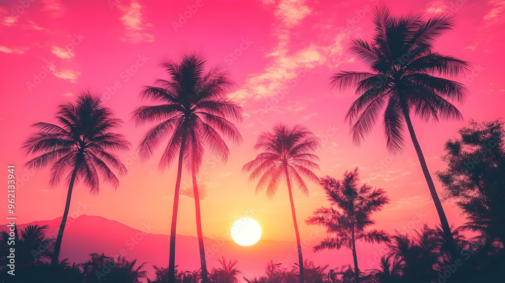 Silhouettes of Palm Trees Against a Vibrant Pink Sunset Sky, Creating a Tropical Paradise Aesthetic Silhouettes of Palm Trees Against a Vibrant Pink Sunset Sky, Creating a Tropical Paradise Aesthetic