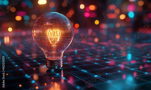 A glowing lightbulb on a grid with colorful lights in the background