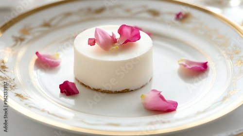 A delicate dessert garnished with edible rose petals, served on a porcelain plate with gold trim