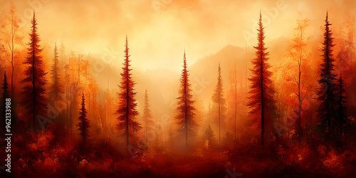 Fiery autumn forest with tall pine trees glowing in warm golden light