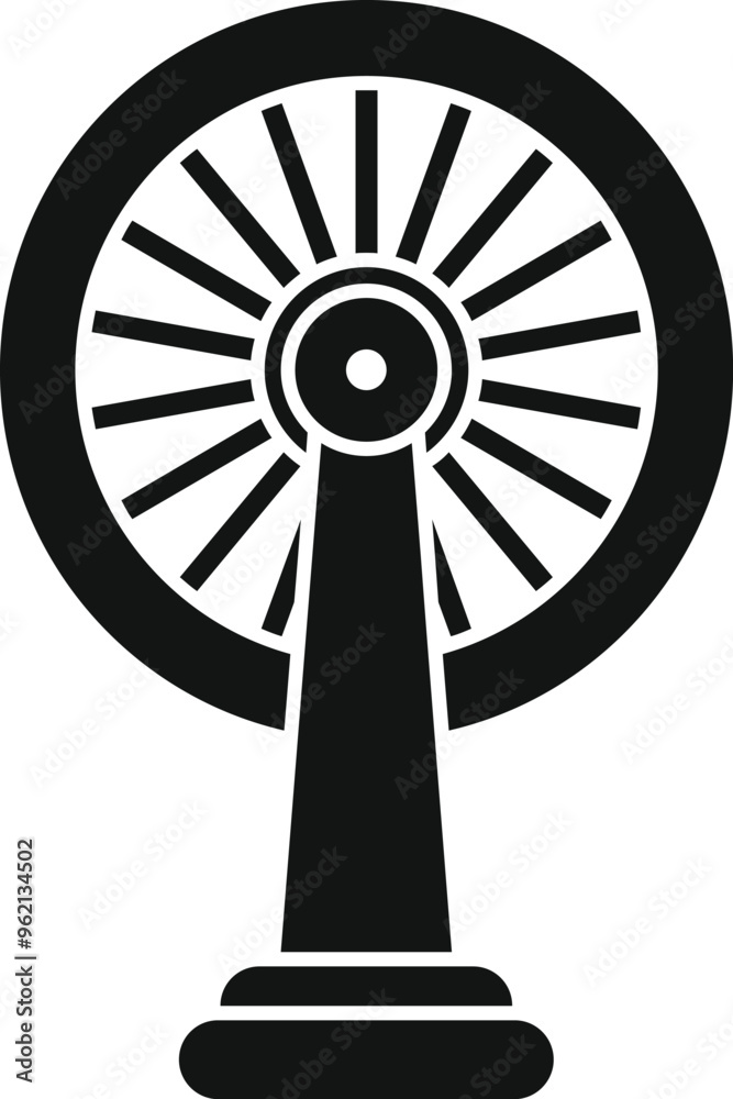 Old water mill wheel standing on a base, side view, simple black and white icon of a mill wheel Old water mill wheel standing on a base, side view, simple black and white icon of a mill wheel