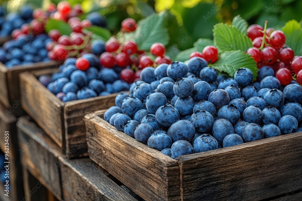 sunkissed wooden crates overflow with plump blueberries green leaves peeking through red currants scatter in background creating vibrant contrast soft focus enhances freshness sunkissed wooden crates overflow with plump blueberries green leaves peeking through red currants scatter in background creating vibrant contrast soft focus enhances freshness