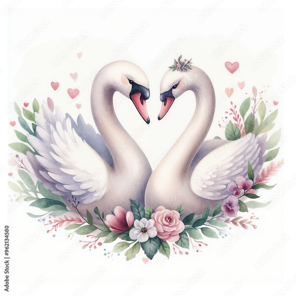 Fototapeta premium Cute swans with heart on white background.AI