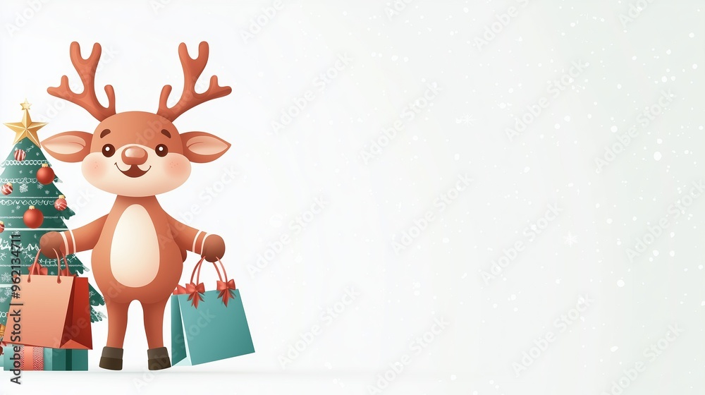 Christmas Sale Banner Featuring a Joyful Reindeer in a Santa Hat, Surrounded by Festive Decorations, a Shopping Cart, and Bright Holiday Offers, Ideal for Retail Promotions and Cheerful Holiday Advert