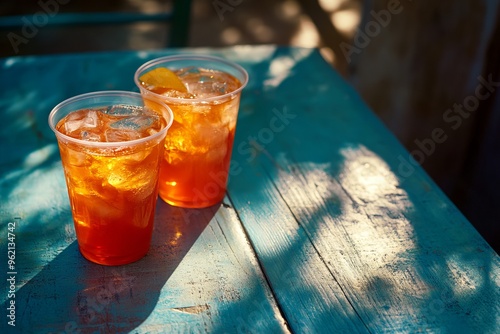 Two Aperol Spritz Drinks on Blue Wooden Table with Sunlight. AI generated illustration
