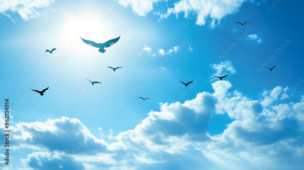 Fototapeta premium Birds flying in a blue sky with white clouds.