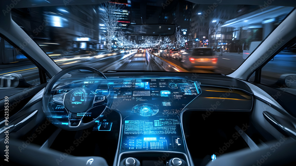 Driving at Night with a Futuristic Car Dashboard, Showing Speed, Navigation and Other Information Driving at Night with a Futuristic Car Dashboard, Showing Speed, Navigation and Other Information
