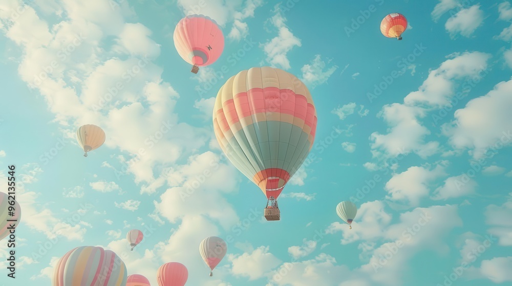 Naklejka premium vibrant hot air balloons floating in cloudy blue sky colorful festival spectacle aerial photography