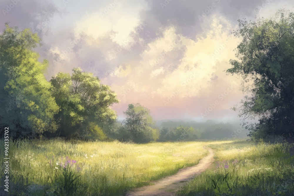 Obraz premium A Winding Path Through a Sunlit Meadow with Trees and Cloudy Sky