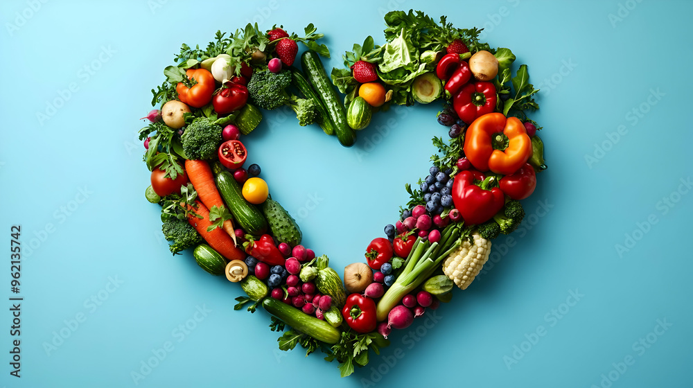 Fresh Vegetables and Fruits Arranged in a Heart Shape on a Blue Background Fresh Vegetables and Fruits Arranged in a Heart Shape on a Blue Background