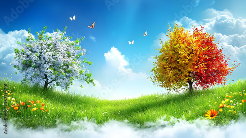 Spring and Autumn Trees with White and Yellow Butterflies Flying Above Green Grass and White Clouds