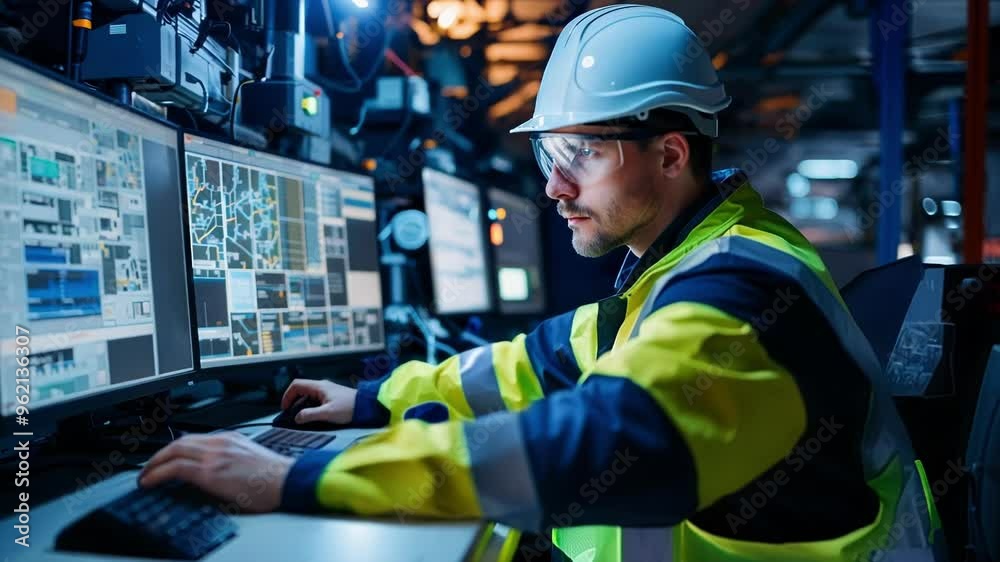 Industrial engineer wearing a hard hat and safety glasses is controlling machinery on computers in a factory control room Industrial engineer wearing a hard hat and safety glasses is controlling machinery on computers in a factory control room