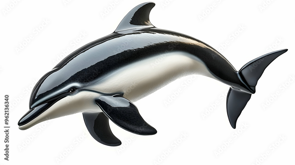 A Black and White Dolphin Leaps Through the Water, with a Smooth, Glossy Finish, Surrounded by a White Background, a Detailed 3D Render A Black and White Dolphin Leaps Through the Water, with a Smooth, Glossy Finish, Surrounded by a White Background, a Detailed 3D Render