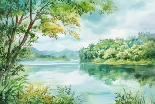 Watercolor Painting of a Serene River Landscape with Lush Green Trees and Distant Mountains