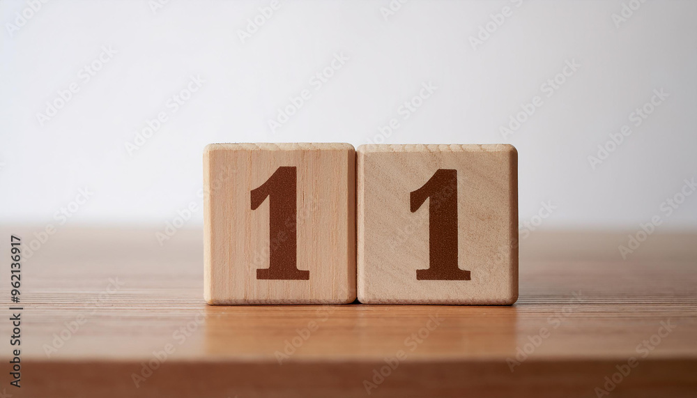 Wooden cube with number 11 on wooden table, white wall on background. Event planner, calendar Wooden cube with number 11 on wooden table, white wall on background. Event planner, calendar
