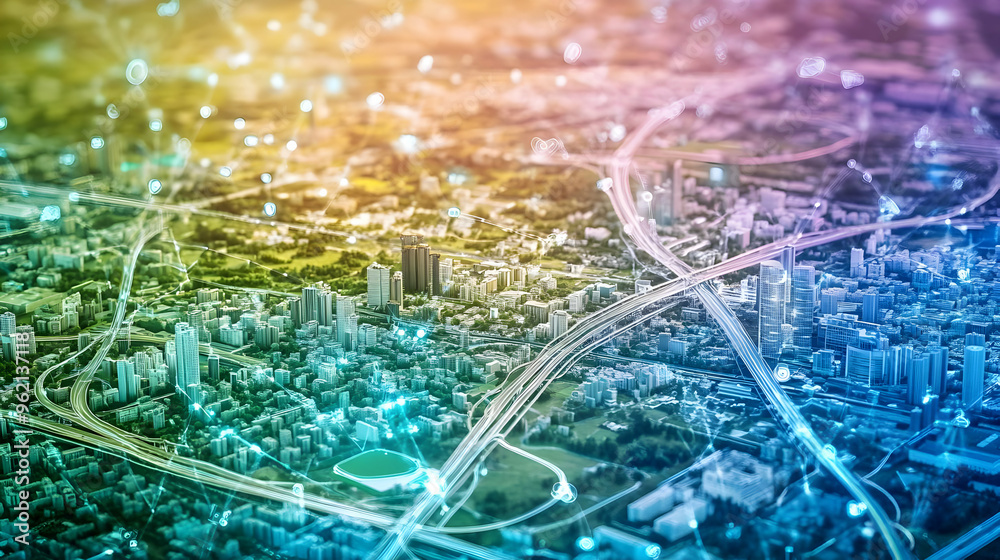 Aerial View of a City with Network Connections and a Futuristic Feel Aerial View of a City with Network Connections and a Futuristic Feel