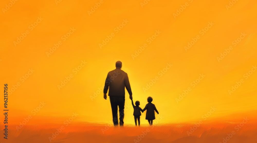Fototapeta premium A silhouette of a man and two children walking on the beach, AI