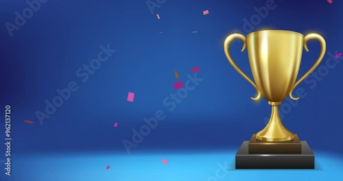 Shiny Golden Trophy on Luxury Podium with Golden Confetti Falls, Victory Celebration, 4K High Quality Video