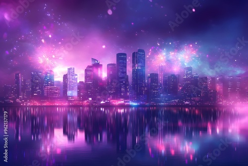 Hyper-Realistic City Skyline with Fireworks photo