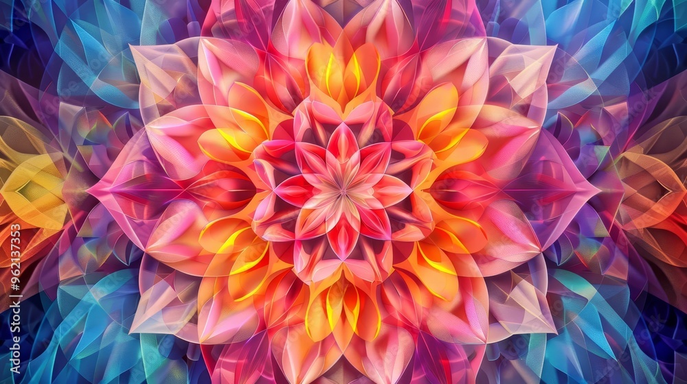 Obraz premium vibrant multicolored rosette with intricate geometric patterns kaleidoscopic design aigenerated abstract art