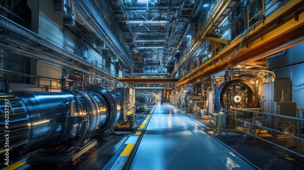 A high-energy physics lab with particle accelerators and complex machinery. A high-energy physics lab with particle accelerators and complex machinery.