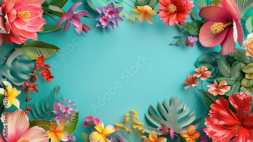 A vibrant tropical floral frame with a blank space in the center, perfect for adding text or images.