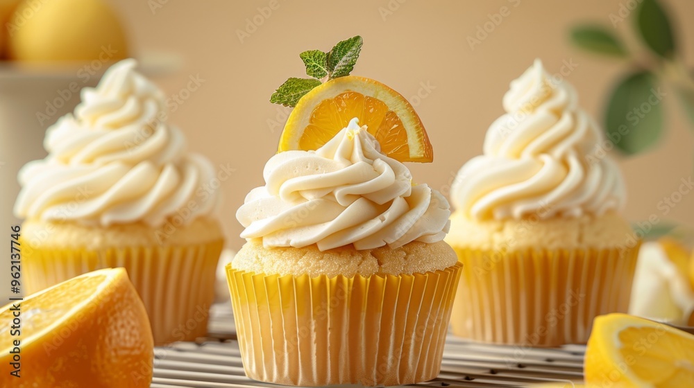 Delicious Lemon Cupcakes with Frosting and Orange Slices on Cooling Rack Delicious Lemon Cupcakes with Frosting and Orange Slices on Cooling Rack