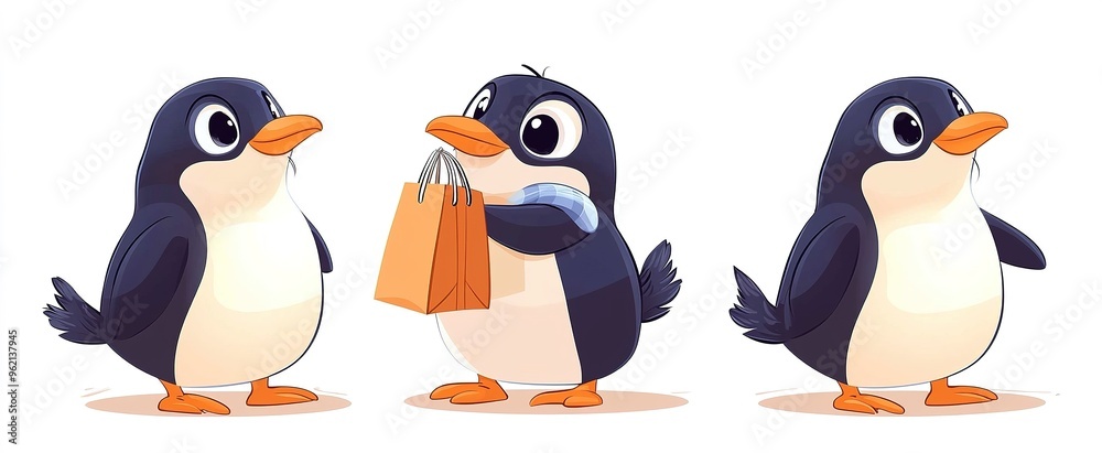 Obraz premium three views， front view， left view,back view，Penguin, ugly and cute, q version cartoon, holding shopping bag in hand, wearing shirt, side angle, white background
