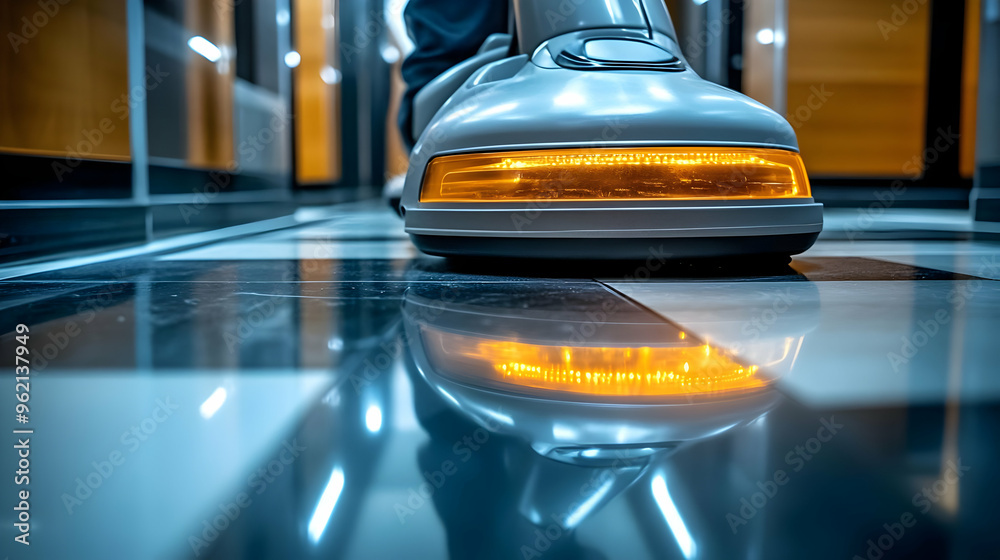 Obraz premium Cleaning Robot with Yellow Light Reflecting on Polished Floor in an Office Building