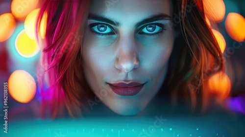 A woman typing on a keyboard with a serious expression, highlighting the vigilance required to combat identity theft and phishing scams in cybersecurity.