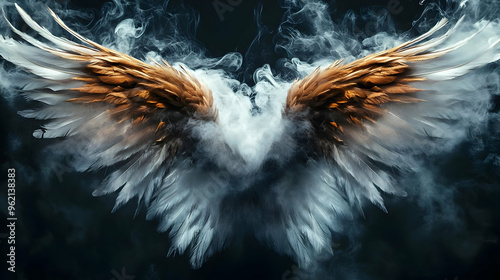 Golden and White Feathers Spread Out in a Dramatic Smoke Effect, Abstract Art of Wings Against a Dark Background