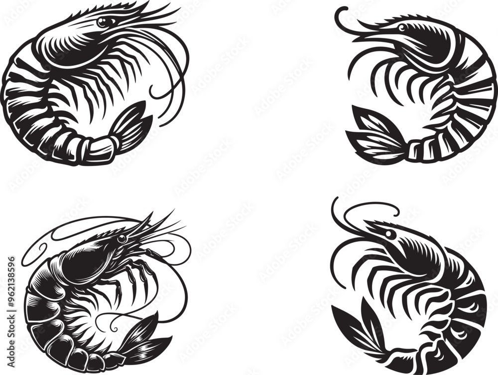 Fototapeta premium 4 Shrimp fish illustration silhouette vector style with White Background