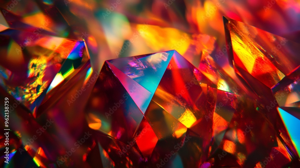 Close-up of red crystal with iridescent light reflections. Close-up of red crystal with iridescent light reflections.