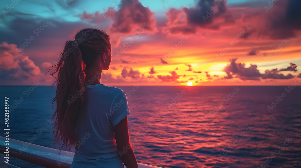 Woman Watching Sunset Over the Ocean with Dramatic Clouds and Colorful Sky Woman Watching Sunset Over the Ocean with Dramatic Clouds and Colorful Sky