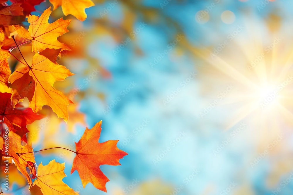Autumn Background with Blurred Leaves and Sun Rays on Blue Sky. AI generated illustration Autumn Background with Blurred Leaves and Sun Rays on Blue Sky. AI generated illustration