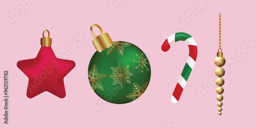 Art & IllustrationChristmas vector set elements Colorful 3d realistic christmas ornaments green ball  red star lollipop cane stick Xmas isolated toys Holiday design decoration New year colection Winte