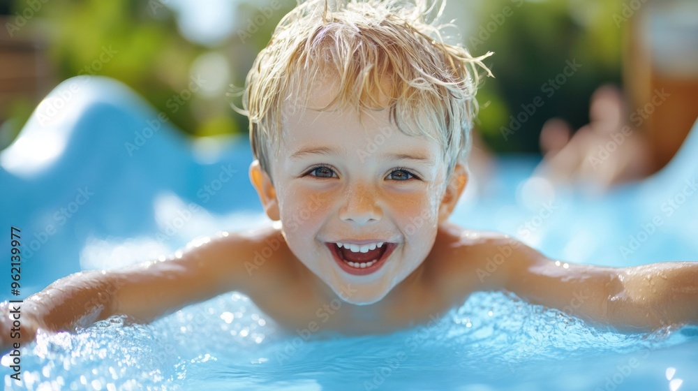 A young boy smiling while swimming in a pool with other children, AI A young boy smiling while swimming in a pool with other children, AI