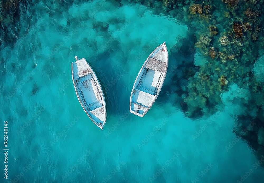 Aerial Drone Shot of Two Boats on Turquoise Sea with National Geographic Precision. AI generated illustration Aerial Drone Shot of Two Boats on Turquoise Sea with National Geographic Precision. AI generated illustration