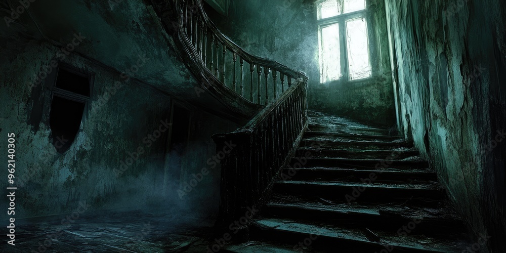 A Stairway in a Decaying, Fog-Filled House A Stairway in a Decaying, Fog-Filled House