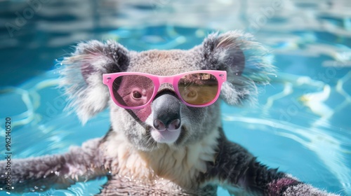 A koala wearing pink sunglasses floats in a swimming pool, looking directly at the camera.