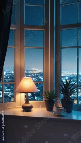 Cozy windowsill with potted plants and a glowing lamp overlooking a cityscape at night photo