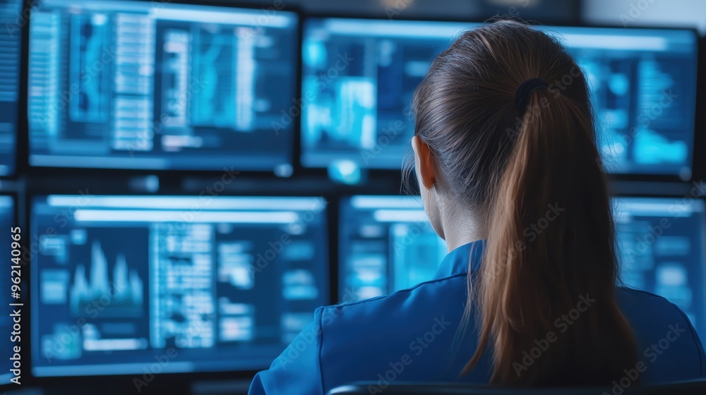 Focused professional analyzing data on multiple monitors in a modern workspace with advanced technology. Focused professional analyzing data on multiple monitors in a modern workspace with advanced technology.