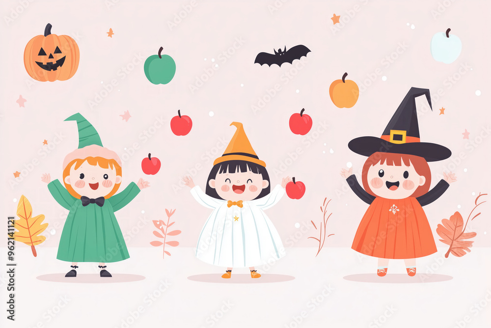 Joyful children dressed in Halloween costumes with apples and festive decorations Joyful children dressed in Halloween costumes with apples and festive decorations