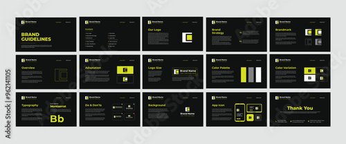 Brand Guidelines Poster Layout Set. Black Minimal Brand Guideline Template. Brand Identity presentation. Vector illustration.