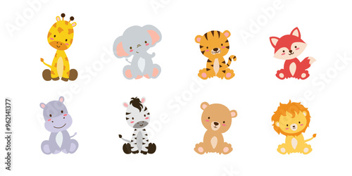 Fototapeta Naklejka Na Ścianę i Meble -  Cute set of  safari animals. Savanna and safari funny cartoon sticker animals. Jungle animals vector set of sticker elements. 