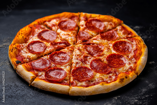 Italian pizza with pepperoni on black background.