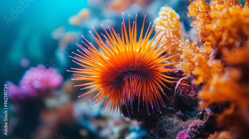 Macro Shot of a Vibrant Sea Urchin Among Coral Reefs for Marine Photography